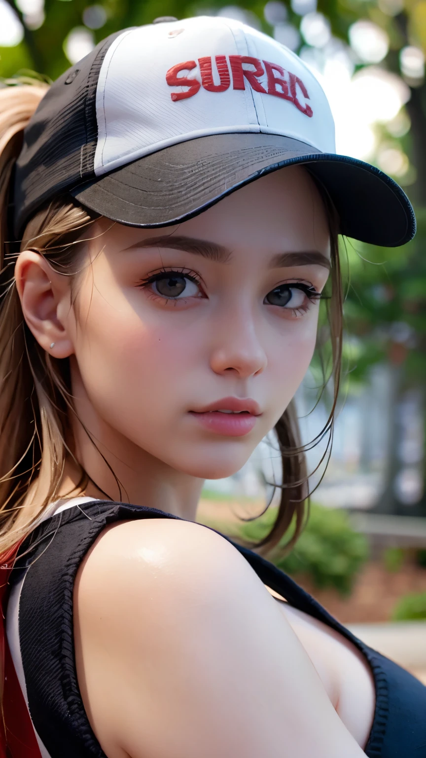 One girl, Terry Bogard Girl, Blonde, ponytail, blue eyes, Baseball cap, Eyes focus, Beautiful park background (8k), (highest quality), (masterpiece:1.2), (Realistic), (Very detailed), (Fine grain:1.2), (Detailed face:1.2), (realism:1.2), (super high quality), (Complex), (85mm), Particles of light, Lighting, (Very detailed:1.2), (Gradation), Colorful, SFW, Dawn, alone,(Upper Body Shot:1.5)