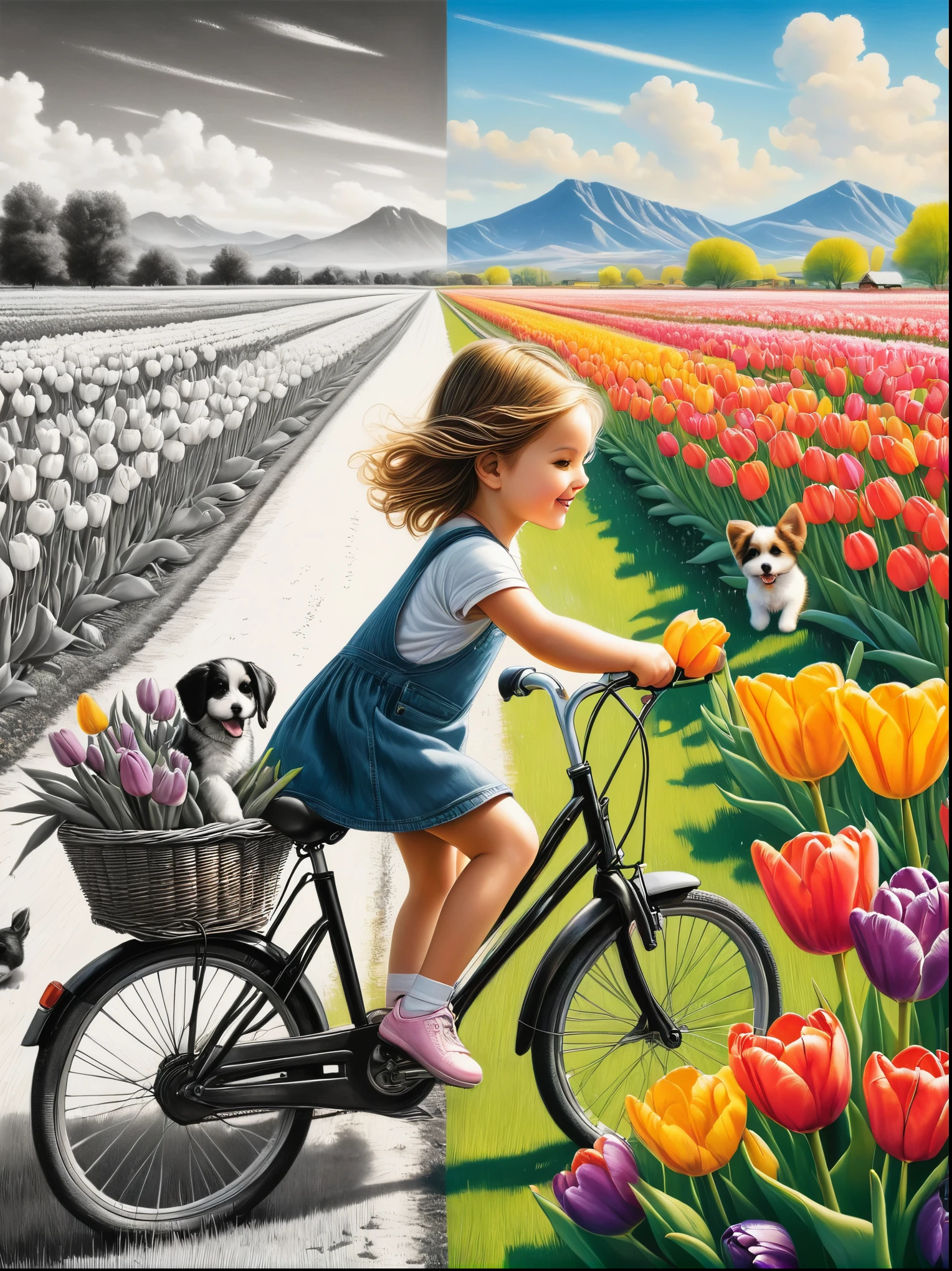 Sea of Flowers，Wind blowing through tulip fields，Spring field scenery，Close up of girl riding bicycle with puppy on sunny day，There are flowers and a puppy in the bamboo basket in front of the car，Tulips in the foreground are clear，The artwork should transition from a pencil drawing style in black and white on the left half to vibrant colors on the right half. Ensure a seamless integration between the two halves without any dividing line. The scene is identical on both sides, with the left side featuring detailed black and white pencil strokes and the right side filled with colors, creating a harmonious blend across the image.