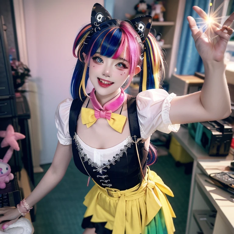 , 1girl, twintails,( multicolored hair:1.5), hair over one eye, x hair ornament, hair ornament, blue eyes, blue hair, smile, bow, pink hair, blonde hair, solo, looking at viewer, yellow bow, indoors, heart, makeup, skirt, selfie, phone, dress, teeth, hairclip, monitor, reaching towards viewer, long hair, bangs, short sleeves, pink nails, bowtie, suspenders, yellow bowtie, hair tie, open mouth, computer, stuffed toy, standing, bending over, shirt, belt, quad tails, pill, v,sparkle,violet lighting,,the most beautiful form of chaos, elegant, a brutalist designed, vivid colours, romanticism, atmospheric, (RAW photo, best quality), (realistic, photo-realistic:1.3), masterpiece, an extremely delicate and beautiful, extremely detailed,, (floating colorful {wind|water magic|ink|crystals|fire|ice|flame|lightning|web|rocks|sand|particles|sparkles|blood}:1), ass, full body view, back view