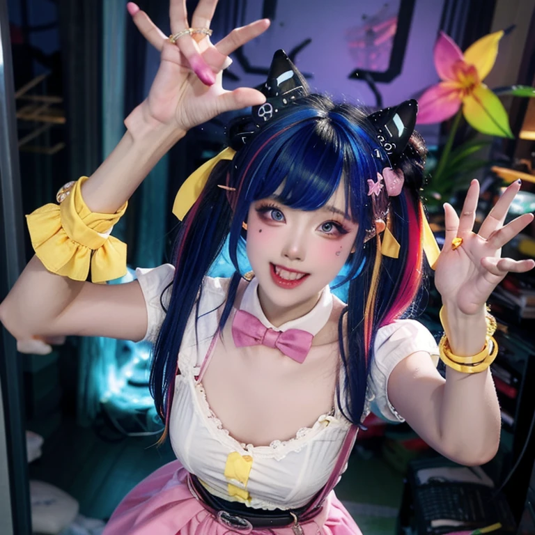, 1girl, twintails,( multicolored hair:1.5), hair over one eye, x hair ornament, hair ornament, blue eyes, blue hair, smile, bow, pink hair, blonde hair, solo, looking at viewer, yellow bow, indoors, heart, makeup, skirt, selfie, phone, dress, teeth, hairclip, monitor, reaching towards viewer, long hair, bangs, short sleeves, pink nails, bowtie, suspenders, yellow bowtie, hair tie, open mouth, computer, stuffed toy, standing, bending over, shirt, belt, quad tails, pill, v,sparkle,violet lighting,,the most beautiful form of chaos, elegant, a brutalist designed, vivid colours, romanticism, atmospheric, (RAW photo, best quality), (realistic, photo-realistic:1.3), masterpiece, an extremely delicate and beautiful, extremely detailed,, (floating colorful {wind|water magic|ink|crystals|fire|ice|flame|lightning|web|rocks|sand|particles|sparkles|blood}:1), ass, full body view, back view 
