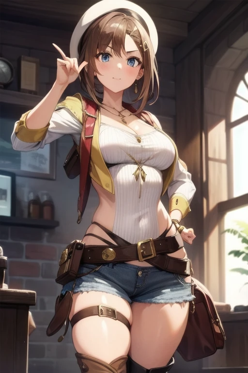 A rugged adventurer woman (dirty button up shirt, no bra, rugged shorts, gun belt, bull whip, reading glasses, rugged boots), studying a note journal while reading hieroglyphs on the wall, ruins