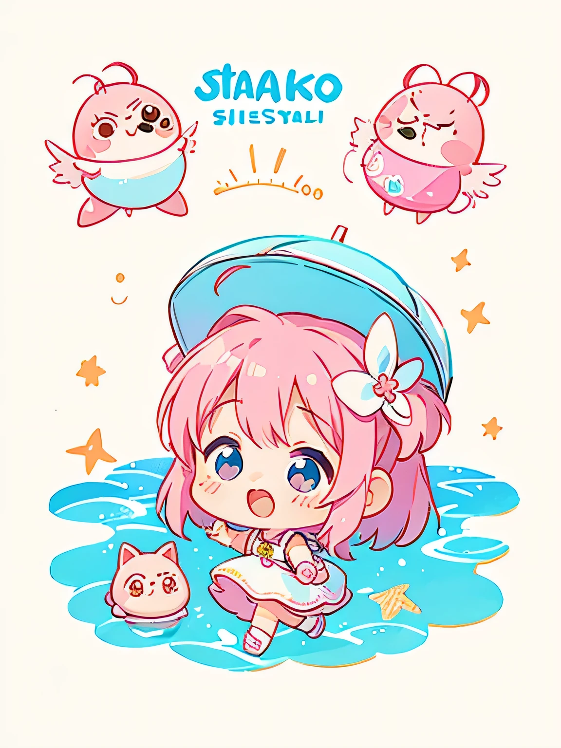 Momoko Sakura style, Kawaii Design, The most beautiful girl of all time、Chibi, happy dance、Cute Aliens, Beach,
