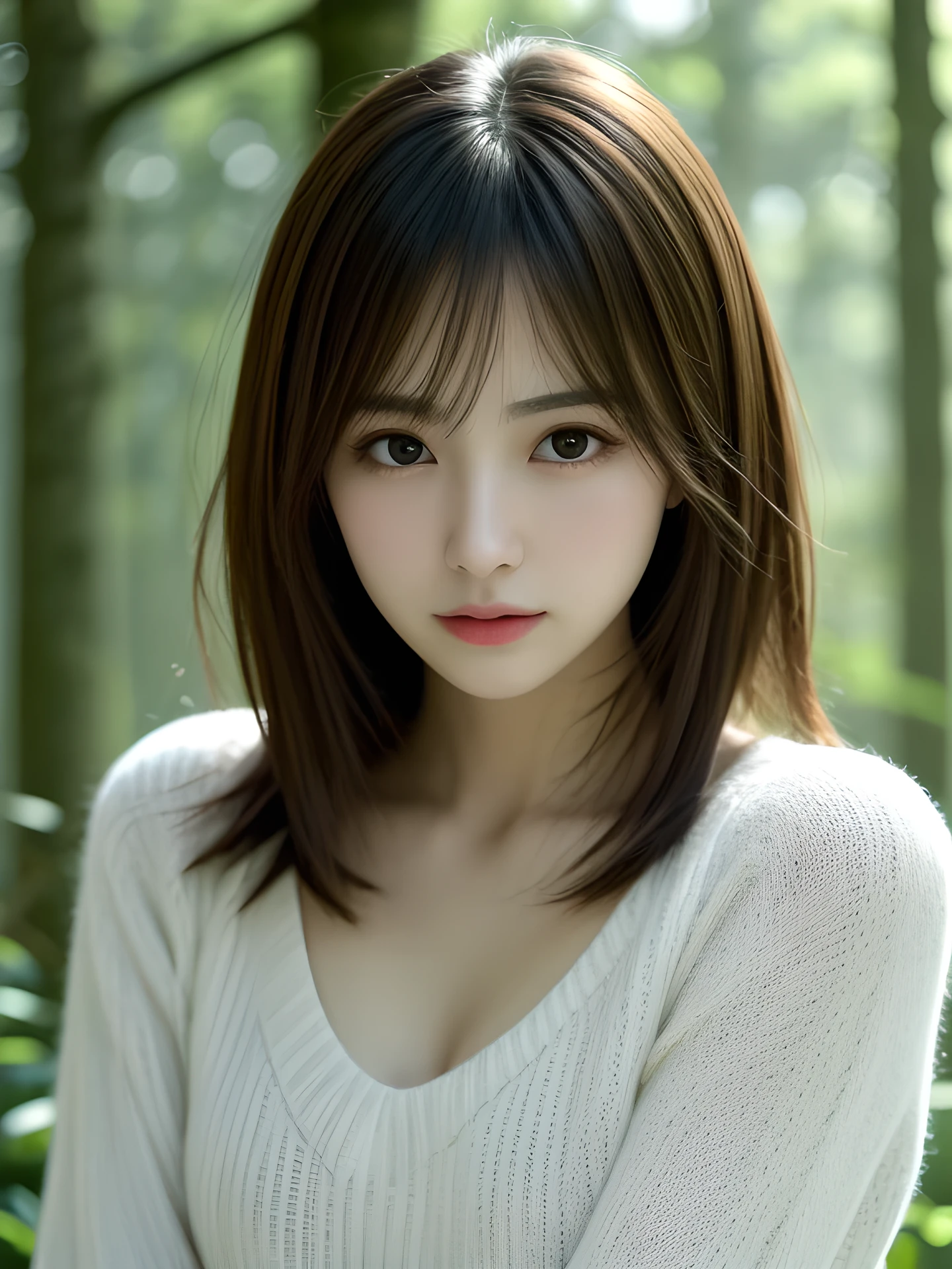 masterpiece, highest quality, High resolution, table top、wallpaper, realistic, bright lighting, professional lighting, face light, smooth lighting, japanese girl, cute, cry, Beautiful girl, gravure, sexy, super beautiful, beautiful skin, beautiful and detailed eyes、detailed face、slim、moderately、Medium hair, brunette colored hair, brown eyes, looking away, sweater, The morning sunlight shines through the misty forest.