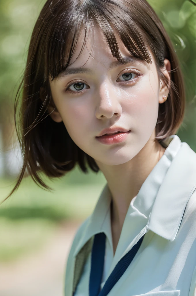 ( masterpiece, top quality, best quality,8k,17 years old girl,ultra detailed,raw photo:1.5),(photorealistic:1.4),(cinematic lighting), PerfectNwsjMajic, , Surrealism, UHD, ccurate, Super detail, textured skin, High detail, Best quality, dynamic angle, (high nose,White skin),[Beautiful blue eyes],[flat chest:large breasts:0.5],(1girl),(good anatomy:0.5)), parted bangs, schools uniform 