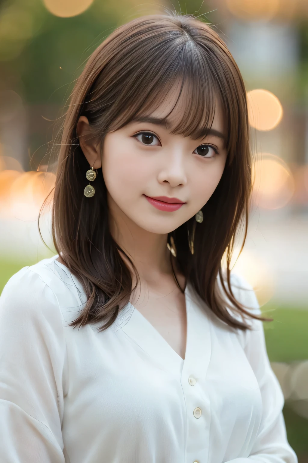 highest quality, Focus on the eyes, Soft Light, Use a reflector to brighten your face, (Depth of written boundary) ,Ultra-high resolution, (Realistic:1.4), RAW Photos, (Bokeh:1.4), One girl, Japanese women, so beautiful, nogizaka girls, Female Idols, Very beautiful, alone, cute, (Laugh shyly:1.3), round and large eyes, Droopy eyes, Medium sized breasts, Brown Hair, Small nostrils, (View your viewers:1.2),