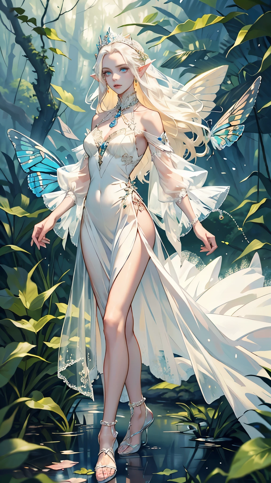 masterpiece, ultra detailed, 8k portrait, RAW photo, portrait photography, highly detailed face, beautiful and meticulous eyes, ((Fantasy)), Young beautiful, (((expressionless))), elf, (((queen))), ((diadems)), (((albino))), (((skin as white as pearl))), ((blond)) very long hair, (((long hem Empire see-through dress))) Fluttering in the wind, (((Gorgeous))), (((bare foots))), anklet, Midday sun, Hyper realistic, Slender body, Body model, Small breasts, Beautiful breasts, Long legs, In the deep forest castle, surrounded by butterflys, Ambient lighting, Shadow details, Camera focus on face, strong breeze, Light fog
