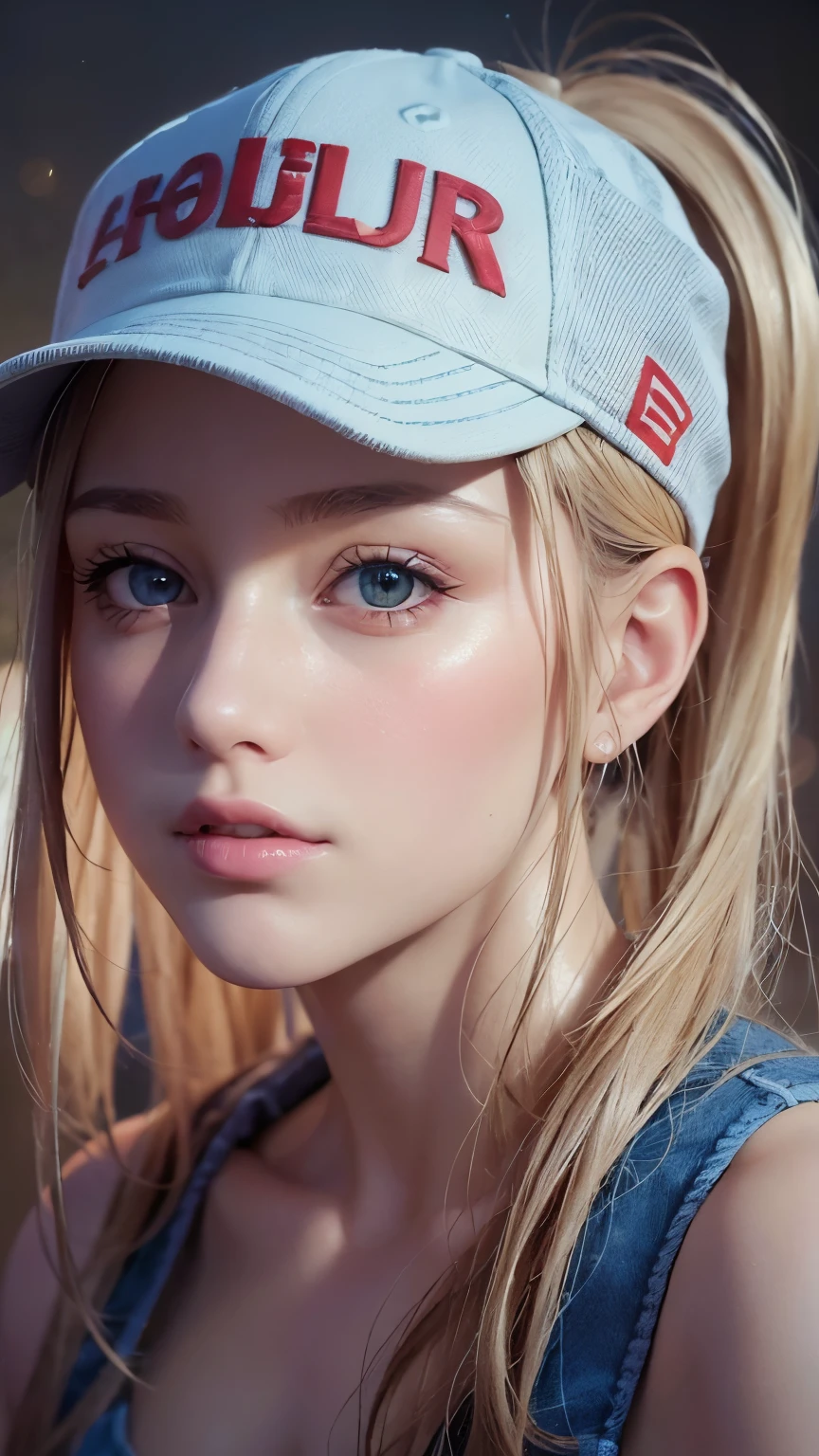 One girl, Terry Bogard Girl, Blonde, ponytail, blue eyes, Baseball cap, Eyes focus, Beautiful park background (8k), (highest quality), (masterpiece:1.2), (Realistic), (Very detailed), (Fine grain:1.2), (Detailed face:1.2), (realism:1.2), (super high quality), (Complex), (85mm), Particles of light, Lighting, (Very detailed:1.2), (Gradation), Colorful, SFW, Dawn, alone,(Upper Body Shot:1.5)