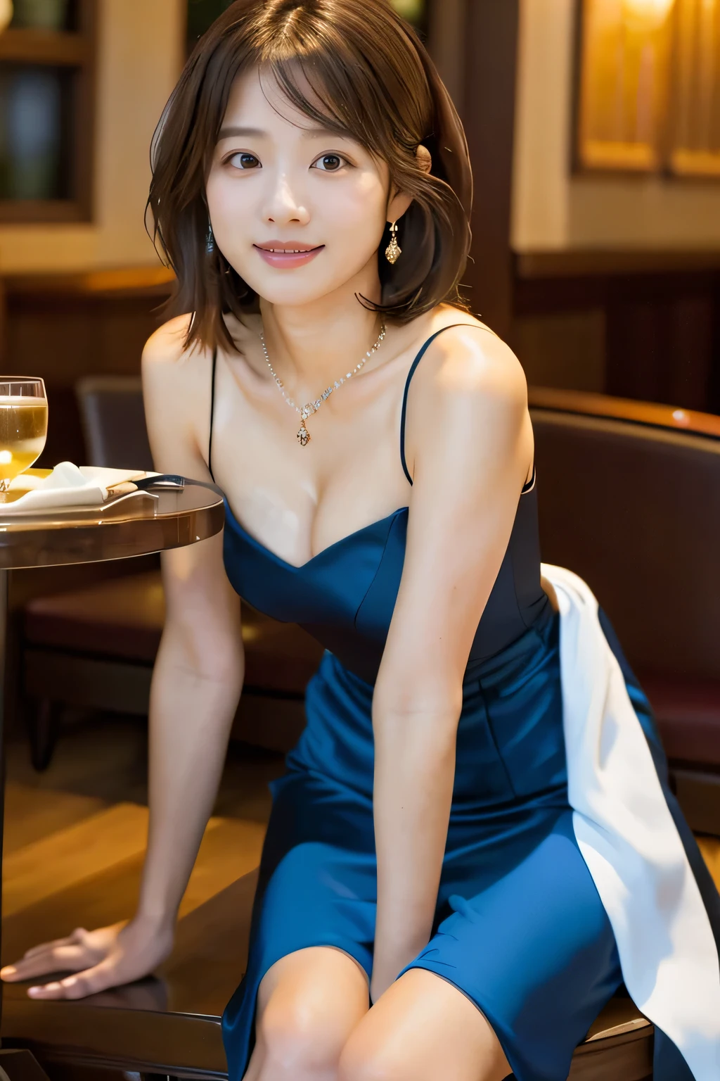 (Have dinner at a fancy restaurant:1.5)、(In a formal dress:1.5)、(Full-body photo:1.5)、highest quality, Photorealistic, Very detailed, finely, High resolution, 8K Wallpaper, Professional, High level of detail, ((One 18 year old girl:1.2)), Slender Japanese women,Pretty lips, (Beautiful long lashes:1.2)、Detailed clavicle, Perfect Face, (Cute short bob hair:1.5),Top Quality，Ultra-clear resolution，Clear Eyes，Sunburned skin，Perfect large breasts，A pretty necklace around the neck、have perfect legs，A kind smile、Eating with a knife、