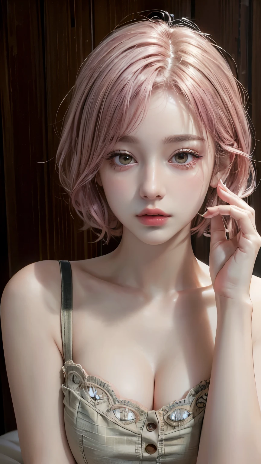 A beautiful woman without a bra, small breasts, bangs covering her eyes, short pink hair, imagine nsfw without a bra, breasts showing