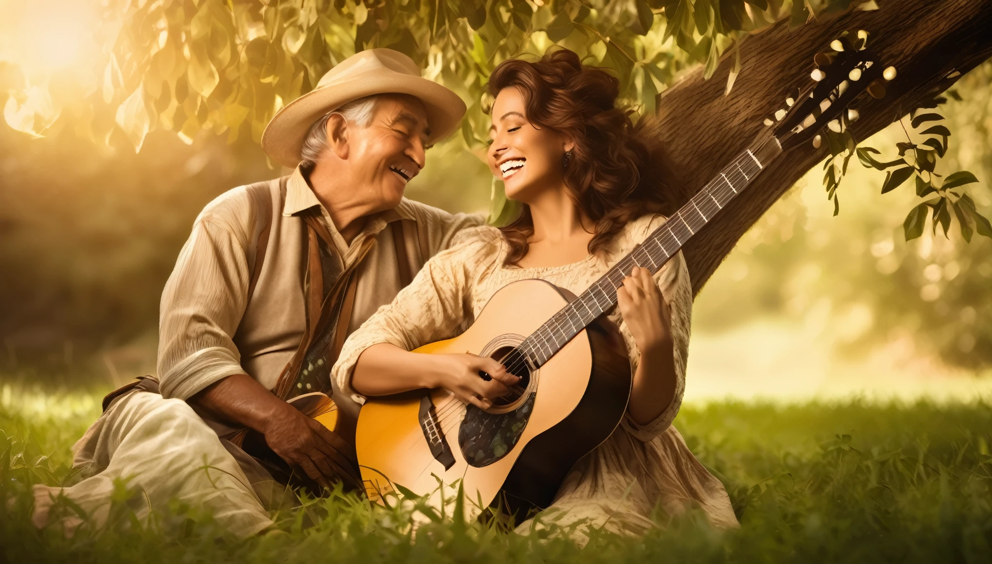 ((best quality)), ((masterpiece)),(detail), perfect face, full body shot of a beautiful love old positioned beneath an expansive oak, each cradling a guitar, engaged in a duet of joyous melodies, beaming smiles shared between them, sunbeams filtering through the foliage, casting a patchwork of light and shadow over their figures, candid moment captured, soft-focus background with an array of greens and browns, warm, late afternoon ambiance, sepia-toned photograph, textured like a vintage film, dynamic range, golden, hyper-realistic photos, 8k, ultra high resolution, sharp faces