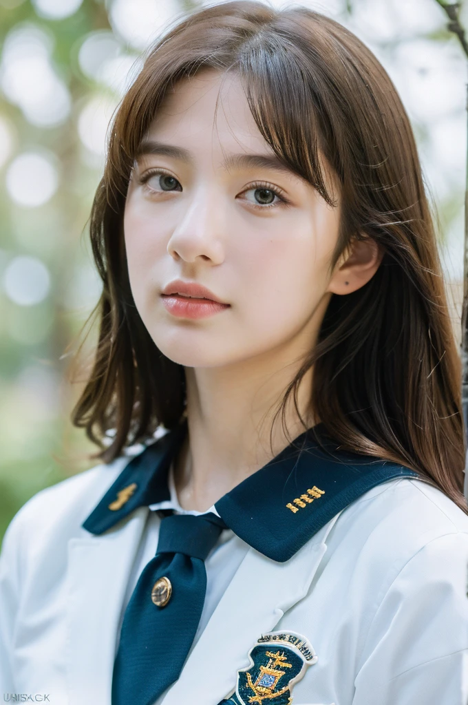 ( masterpiece, top quality, best quality,8k,17 years old girl,ultra detailed,raw photo:1.5),(photorealistic:1.4),(cinematic lighting), PerfectNwsjMajic, , Surrealism, UHD, ccurate, Super detail, textured skin, High detail, Best quality, dynamic angle, (high nose,White skin),[Beautiful blue eyes],[flat chest:large breasts:0.5],(1girl),(good anatomy:0.5)), parted bangs, schools uniform 