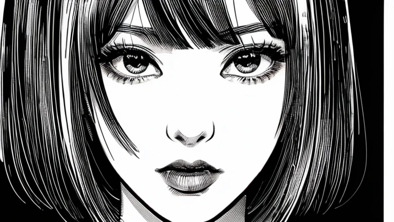 ((Manga Illustration)), ((Eva Green)) Close-up portrait, solo, medium short hair, looking at the viewer, expressionless, cold feeling, red lipstick, close-up portrait, solo, focus on the eyes , night scene background, (vector style), ((monochrome manga drawing))
