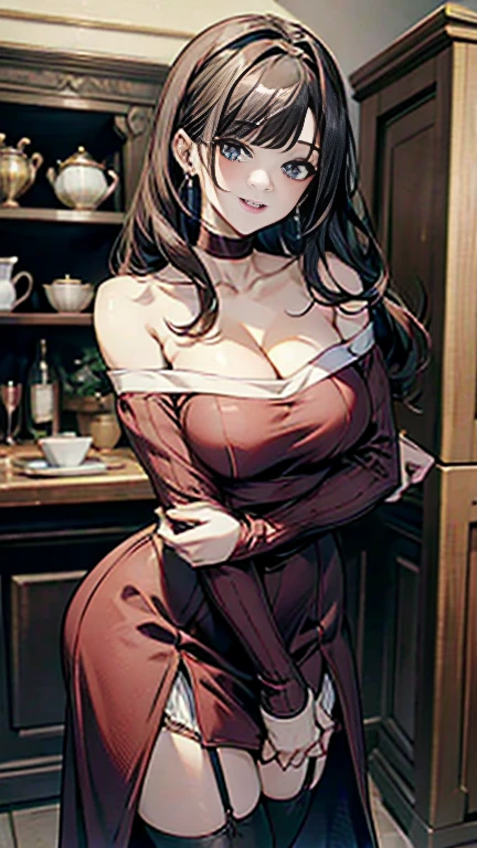 Adult Woman, masterpiece, 1girl, Amazing Cleavage:1.3, thin waist, big ass, Raised sexy, medium breast:1.3,posed cleavage:1.2,solo, open mouth, have a cup of coffee,black hair, red eyes, dress, bare shoulders, jewelry, collarbone, sidelocks, hairband, earrings, indoors, off shoulder, arms behind back, plant, short hair with long locks, black hairband, sweater dress, off-shoulder sweater, red sweater, big side hair, very long side hair,is rendered in (masterpiece: 1.2, best quality), with (ultra high resolution) and an exquisite (depth of field). This masterpiece is not only visually stunning but also tells, make of cooking some cakes ,in the kitchen,Long dark blonde wavy hair、her thin pubic hair, Puffy nipple、(short flared skirt)、garter stocking、Earring、Medium milk, cute smile face、(Pose to lean forward and emphasize the chest)、sexy hips、high-heels、atlibrary、((Close your arms to your chest and look up)),(with sparkling eyes and a contagious smile), looking at viewer,