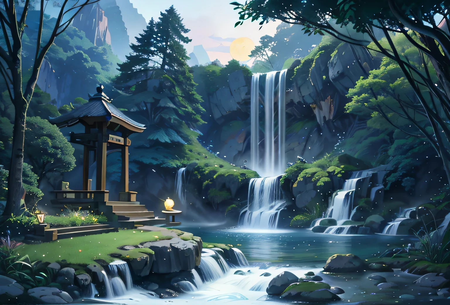 Animal crossing architecture, moon, midnight, garden, bamboo, lake, stone bridge, rockery, arch, corner, tree, running water, waterfall, shopping center, landscape, outdoor, waterfall, grass, rock, water lily, hot spring, water vapor, (Illustration: 1.0), Epic composition, realistic lighting, HD details, masterpiece, best quality, (very detailed CG unity 8k wallpaper), wallpaper (best quality) --v 6