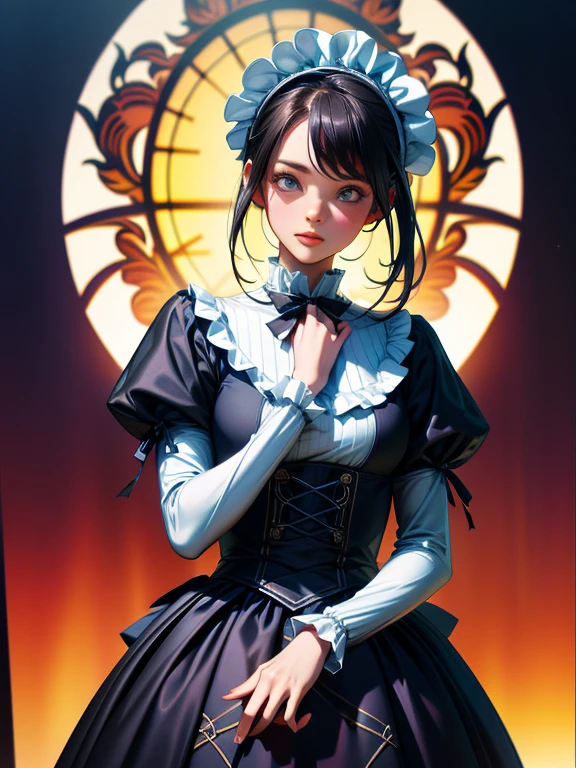 highest quality, masterpiece, Symmetrical and highly detailed eyes, girl, Highly detailed background, tendency (Art Station:1.46), Surreal, Cinema Lighting, Studio Quality, 8k resolution, masterpiece, Title screen of a new anime with a gothic ****ta girl as the main character、「Program Title」、「Number of subtitle words」、Gothic ****ta costume girls in the background、Everyone is showing off their cosplay in their own way.、An elegant white dress with a black base and a chest-hiding design、Highly detailed frills、Bonnet on vertical roll、Skirt inflated with panniers、gothic ****ta style、****ta girl in white elegance black dress decorated with ruffles、A skirt with a vertical roll pannier、Use motion blur、Striking a dynamic pose with an ancient and traditional Western townscape as a backdrop.、Pixar Style, Tristan Eaton、Stanley Artgarm、Tom Bagshaw