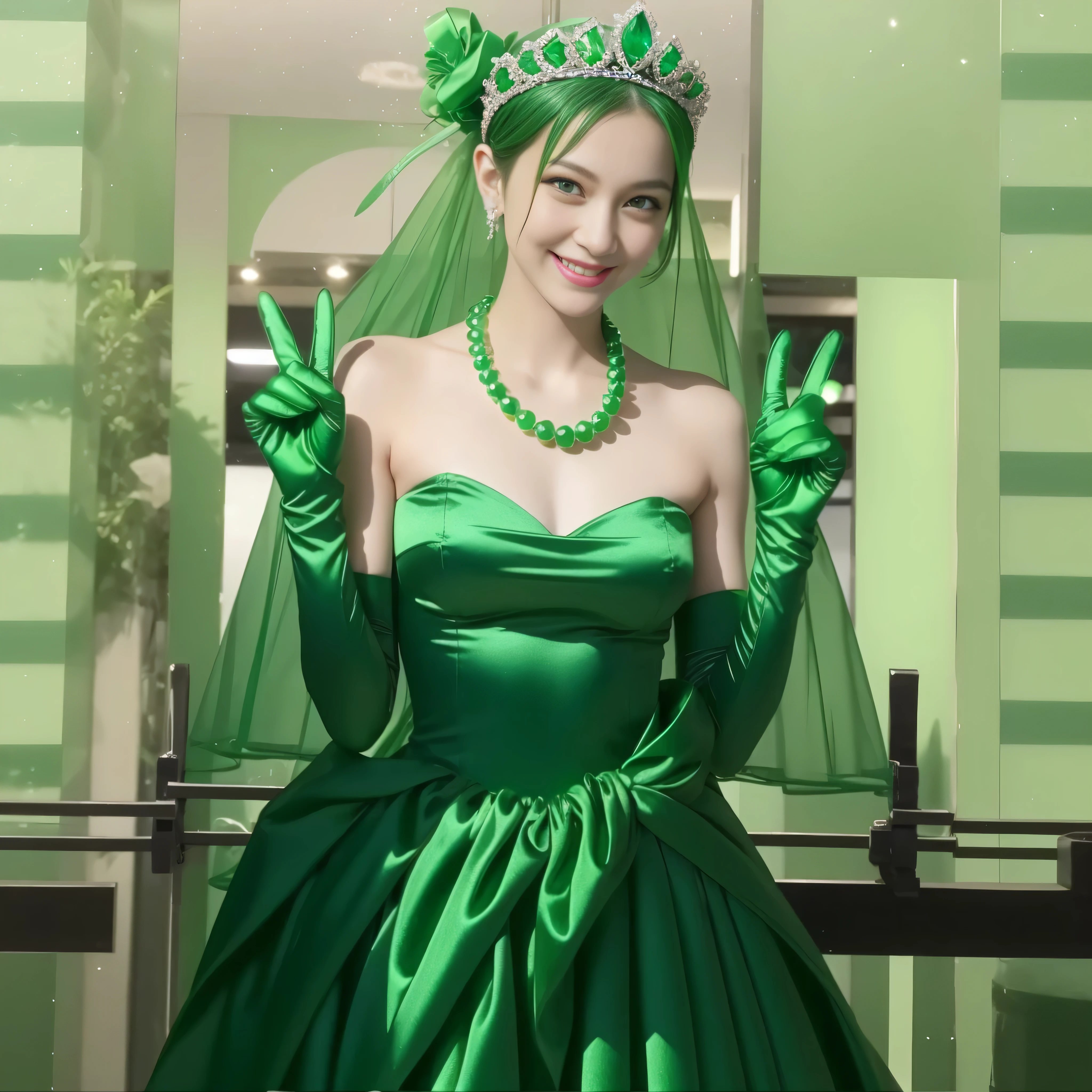 Emerald tiara, Green Pearl Necklace, Boyish very short green hair, lipstick, Smiling Japanese woman, Very short hair, Big tits beautiful, Green Eyes, Long green satin gloves, Green Eyes, Emerald Earrings, Green Veil, v sign