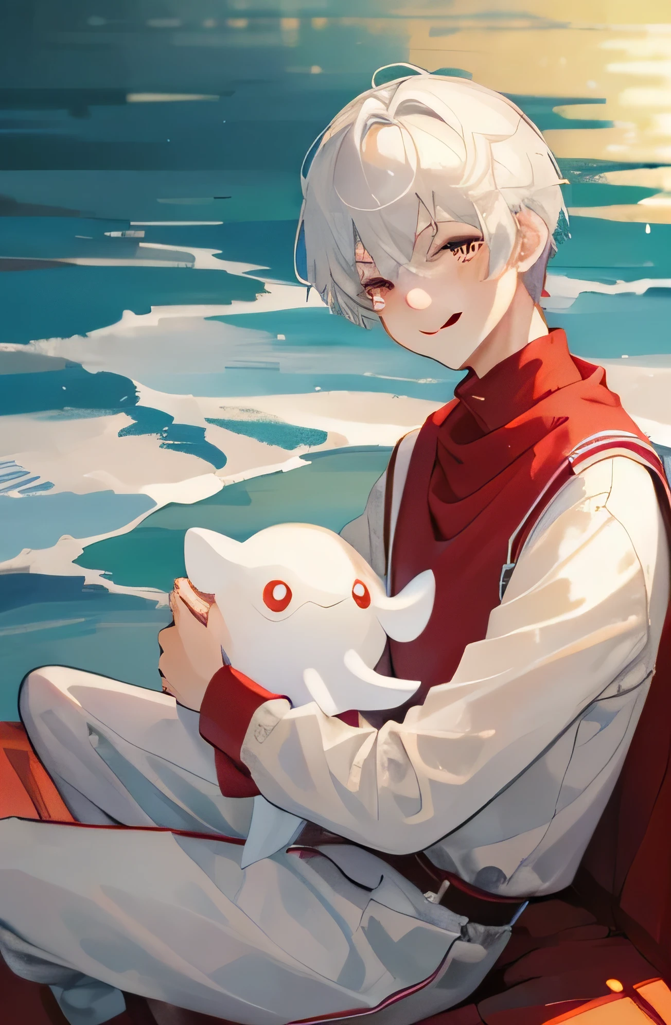 ((Best quality)), ((Masterpiece)), (Highest detail) 1 man, men's hairstyle, Curtain hairstyle, boy with short white hair mixed with a little red, red eyes, wearing a colored turtleneck. White, wearing a red shawl, white shorts, wearing white socks, sitting on a bed, hugging a jellyfish doll, the floor is a river, background under the ocean, jellyfish, smiling, man,