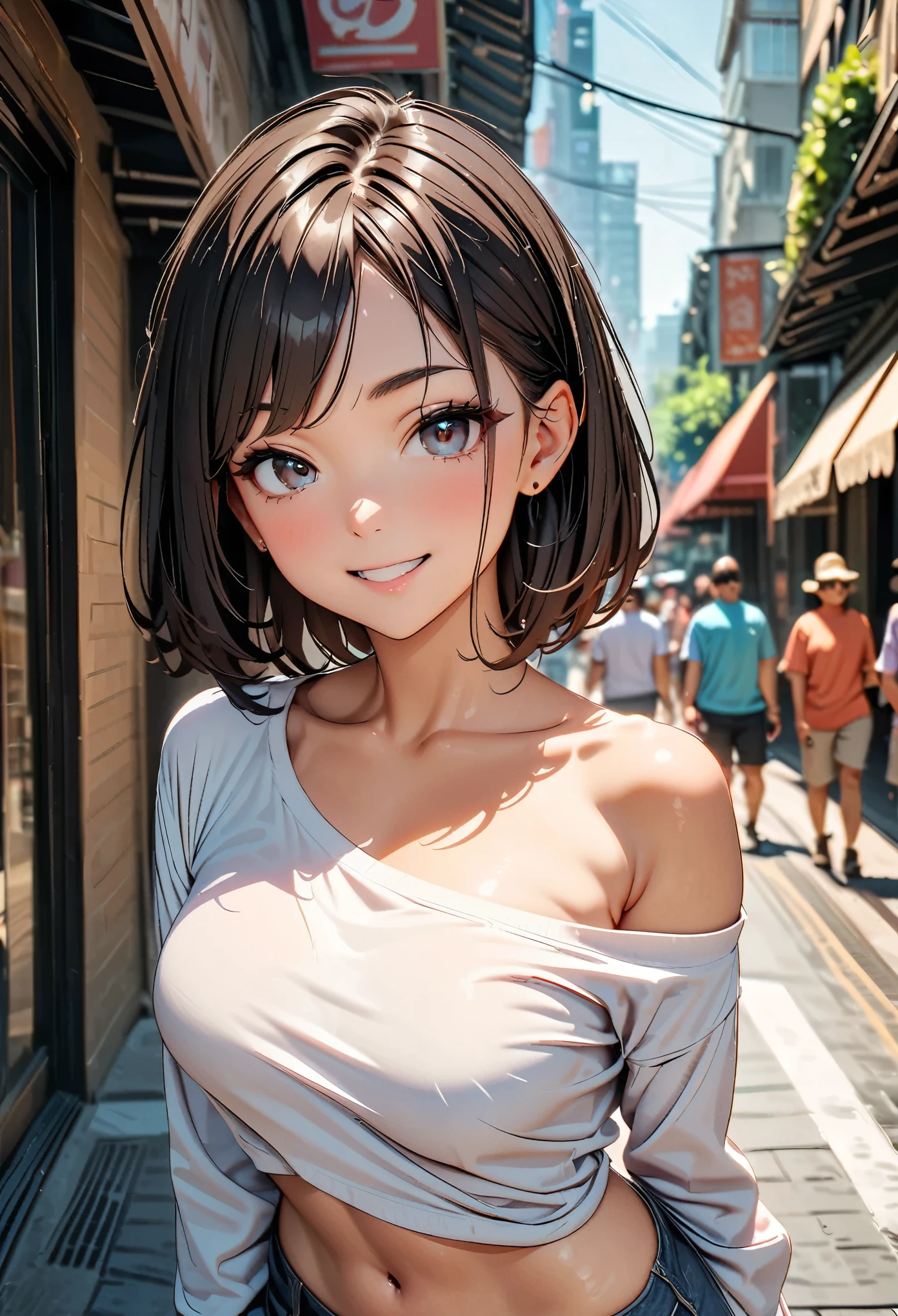 RAW Photos, looking at the camera, ((highest quality, 8k, masterpiece:1.3)), Sharp focus: 1.2, Beautiful Features, The best smile, Cute Smile, Beautiful woman with perfect style:1.4, Slim Abs:1.2, Black Hair, Off the shoulder, (Natural light, City Street: 1.1), Highly detailed face and skin texture, Fine grain, double eyelid.