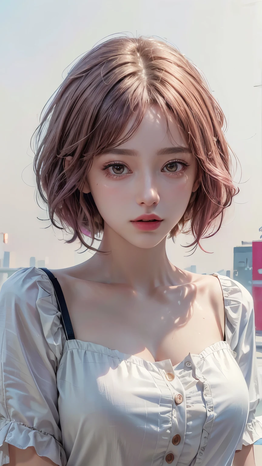 (8k, highest quality, masterpiece: 1.4), Very detailed, highest quality, Ultra-high resolution, Written boundary depth,(Realistic:1.4,RAW shooting,)Ultra-Realistic Capture,(Very detailed,High definition 16K), cute, girl, short hair, Pink Hair, camera
