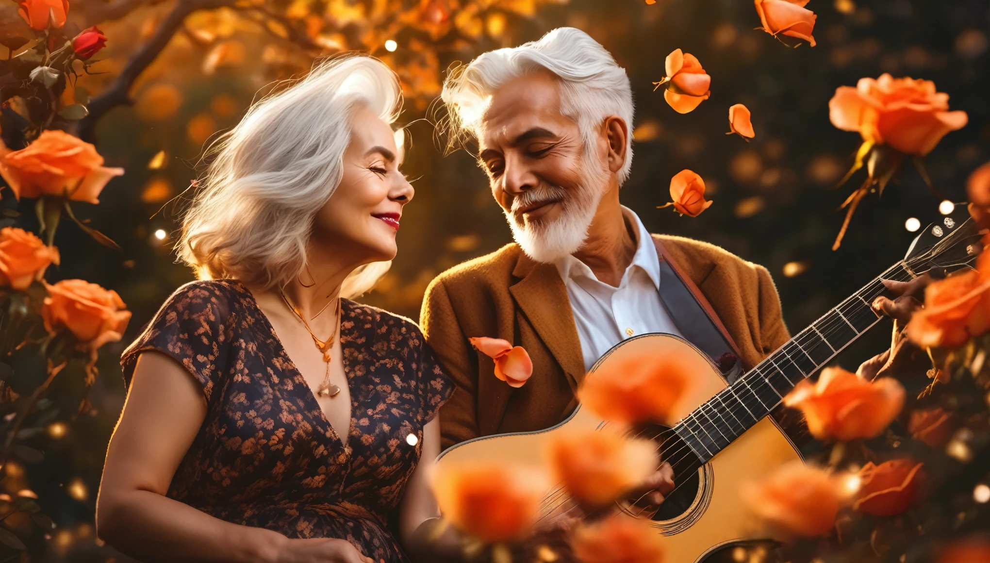 ((best quality)), ((masterpiece)),(detail), perfect face, full body shot of a old couple playing the guitarat on an autumn night, western street, street lights flickering, white hair, rose petals flying across the sky, with setting sun, romantic style, retro vintage and romanticism, blurred background image, sunset light, golden sunshine, roses, very lots of flying flower petals, rose petals stuck in hair, warm orange background color, subject takes up 1/3 of the frame, hyper-realistic photos, 8k, ultra high resolution, sharp faces
