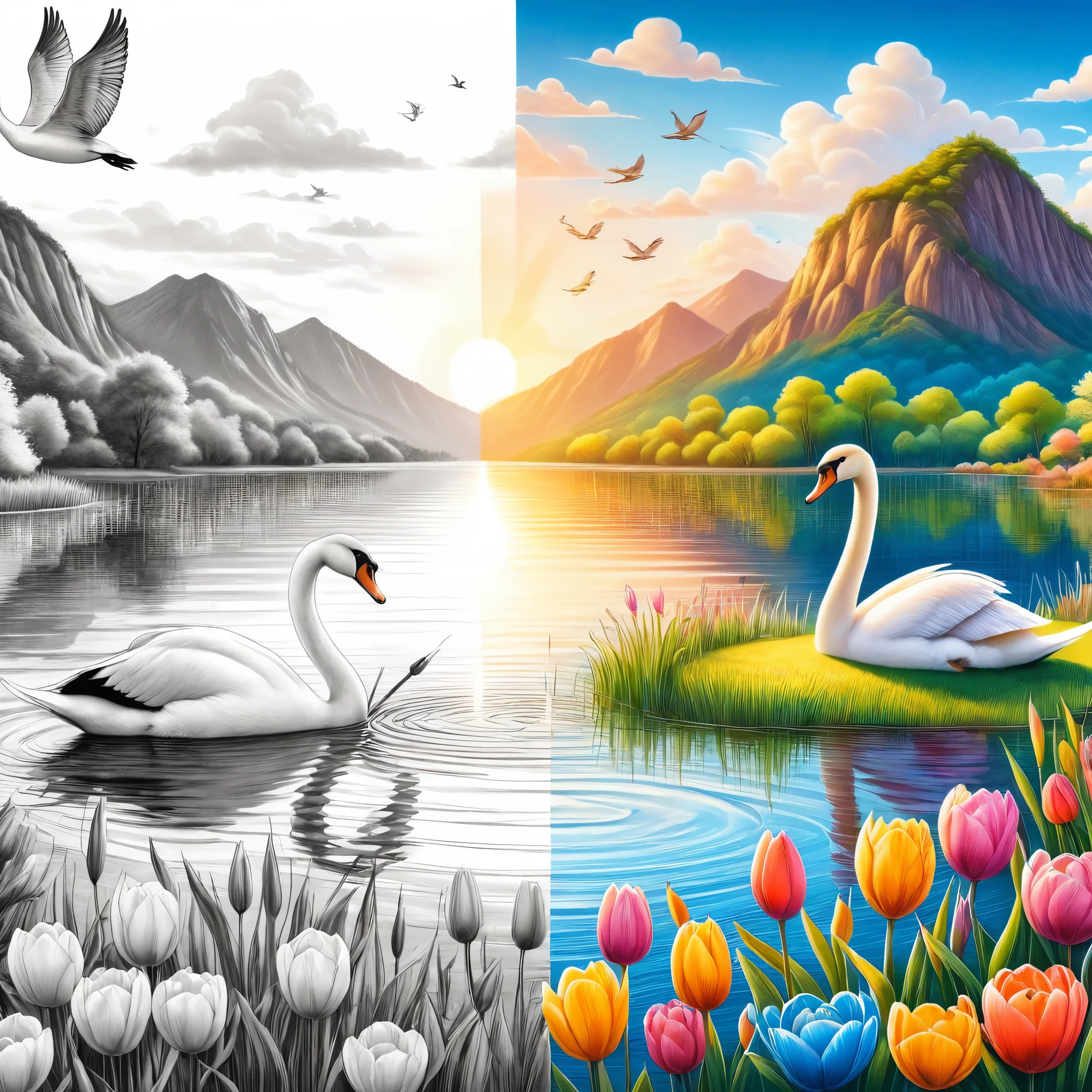 A cute boy and girl,Tented camp,Spring Outing,lake,natural scenery,barbecue,blue sky natural background,swan, The artwork should transition from a pencil drawing style in black and white on the left half to vibrant colors on the right half. Ensure a seamless integration between the two halves without any dividing line. The scene is identical on both sides, with the left side featuring detailed black and white pencil strokes and the right side filled with colors, creating a harmonious blend across the image.