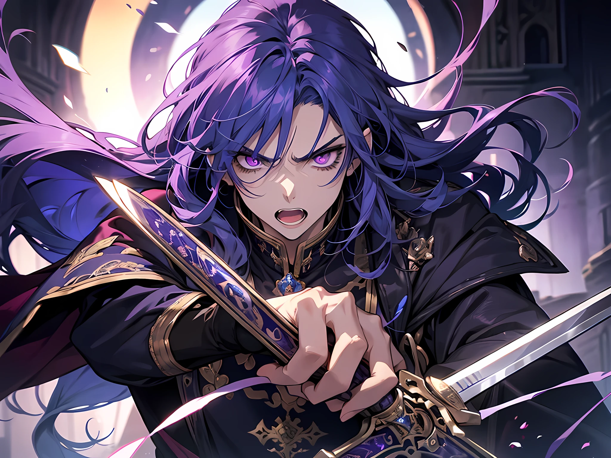 1 man, prince, holding sword, purple eyes, blue hair, angry face, open mouth, long hair, detail eyes, eyes extremely detailed, detail hand