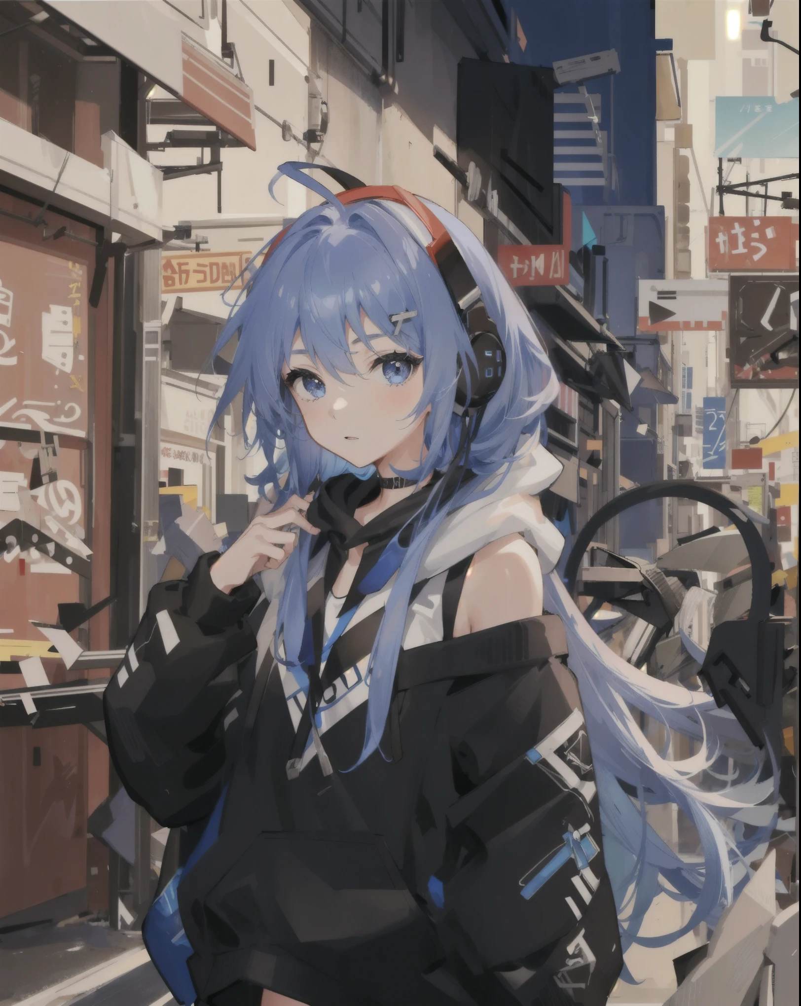 One girl,hoodie,Blue Hair, Very long hair, Off the shoulder, Headphones around the neck,Music Studio