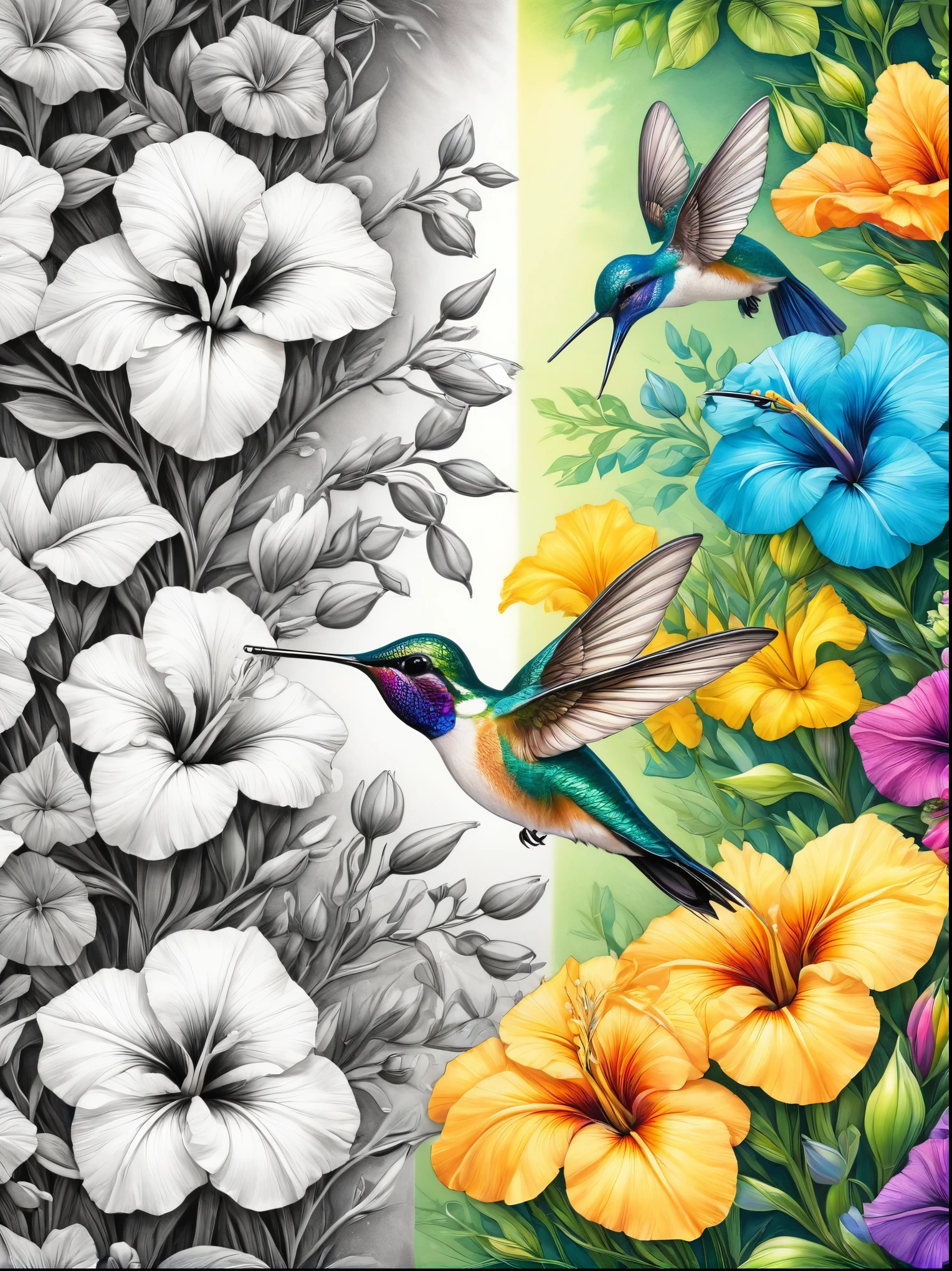 Crystal Petunia Flowers and Vines，Various gemstones，Sunny Garden，Sparkling crystals，Hummingbird, The artwork should transition from a pencil drawing style in black and white on the left half to vibrant colors on the right half, Ensure a seamless integration between the two halves without any dividing line, The scene is identical on both sides, with the left side featuring detailed black and white pencil strokes and the right side filled with colors, creating a harmonious blend across the image