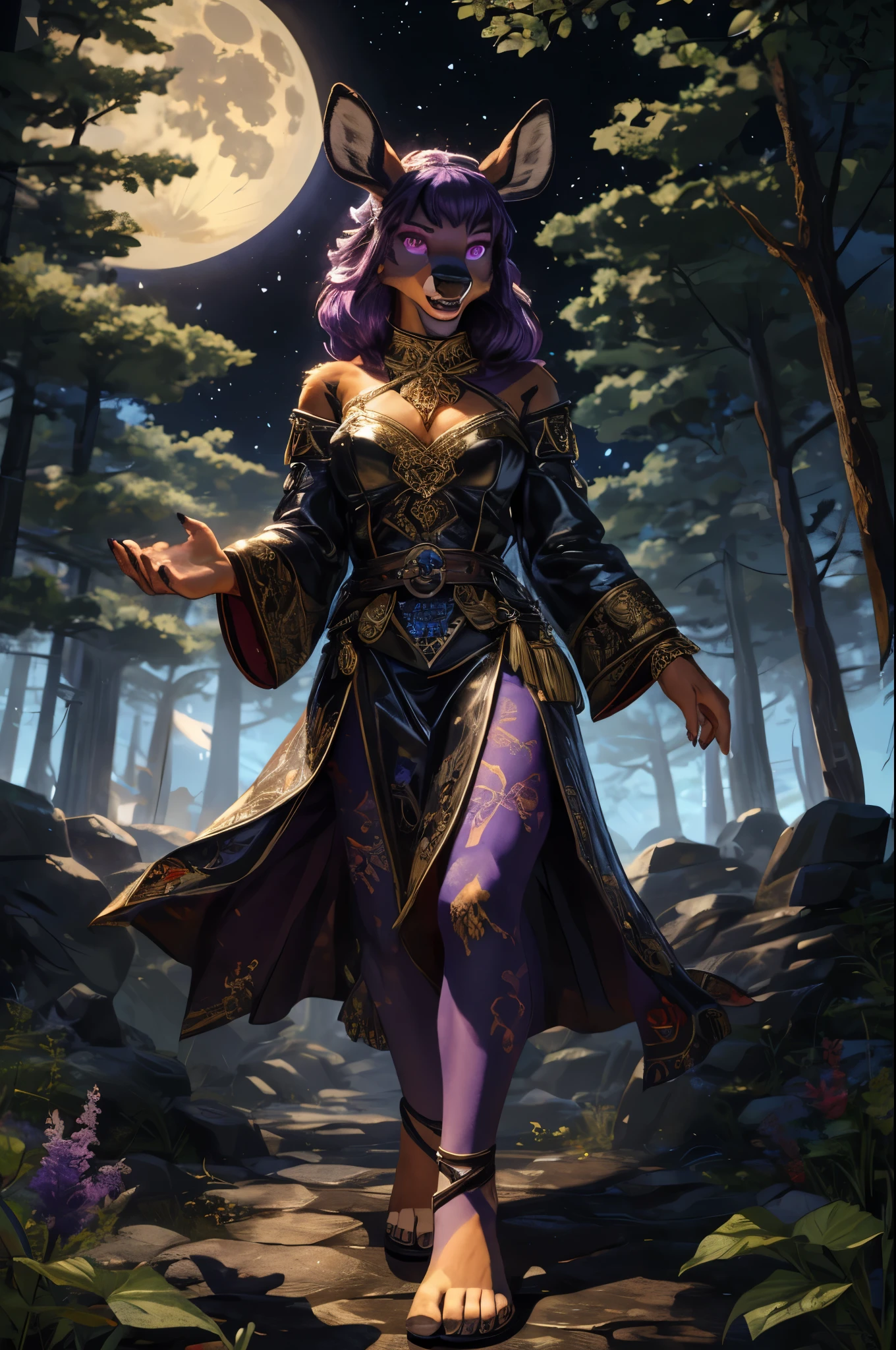 (((Barefoot furry character, full body, cinematic setting, furry female, plantigrade, wearing leather sandals))), ((deeply hypnotised and extremelly drooling deer)) anthro with deep ((purple fur)), (wide open mouth) and glowing ((violet eyes)) in trance. Dressed in flowing, dark robes with belladonna flower motifs. The figure walks in a moonlit forest surrounded by eerie nightshade plants, with ripe berries and ethereal moonlight casting shadows. The atmosphere evokes mystery and danger. BREAK, detailed background, 8K, (masterpiece:1.5), intricate details, highly detailed, extreme detail, octane render, fine art, best quality, highres, (detailed face:1.5), ((full_body)), UHD, (((perfect hands))), low light, (((SFW))), (((perfect feet)))