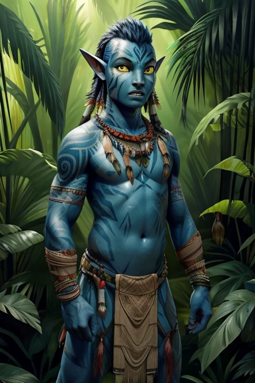 young man, indigenous, 18 years old, black and red hair, green eyes, tribal red and blue face paint, evil look, in a forest, divine aura, powerful warrior, with super blue and red face, with leaves covering his groin, dark skin tone