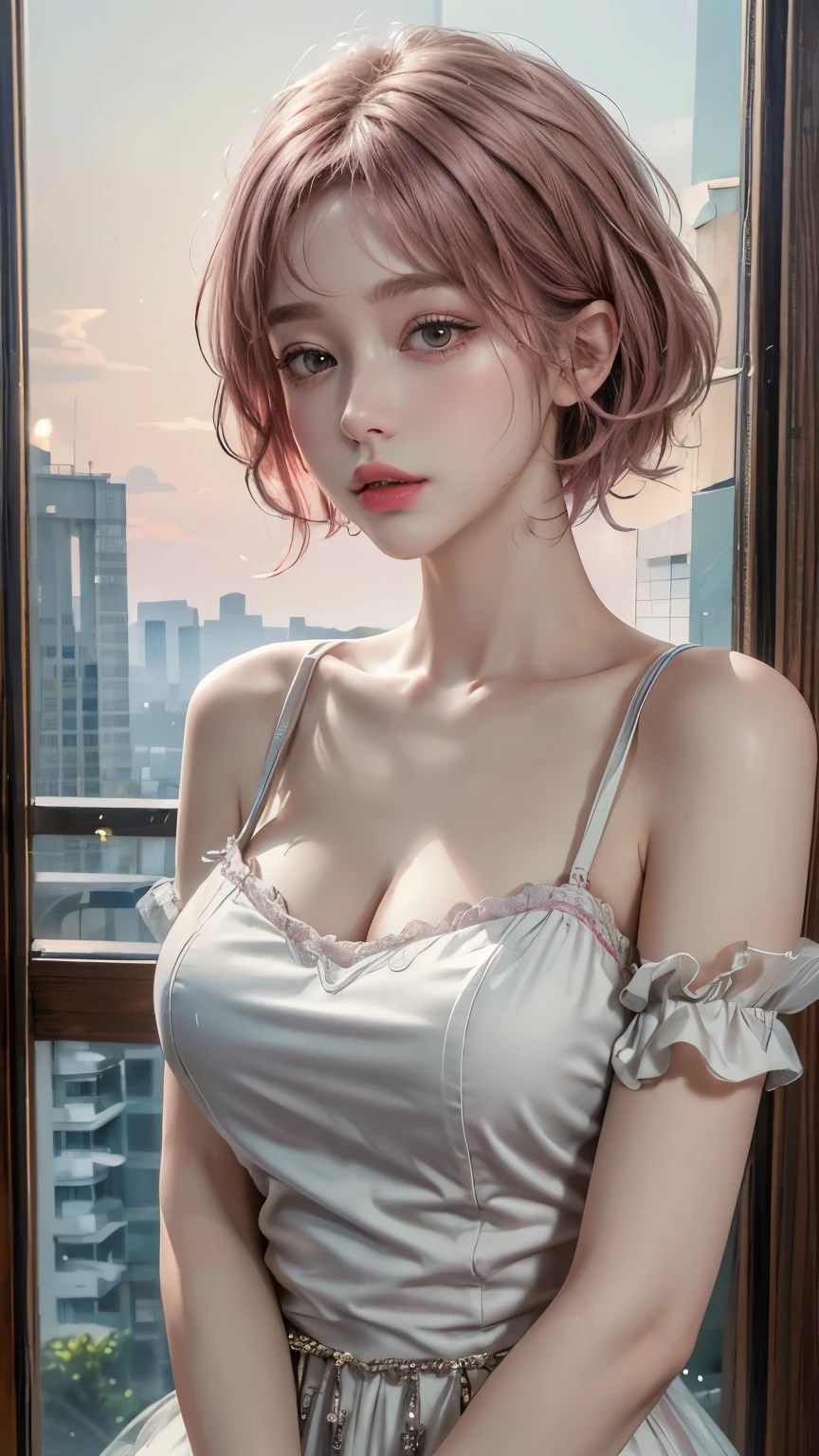 20yo woman, (masterpiece: 1.4), (8K, reality, original photo, best quality: 1.4), Japan, (1 girl), beautiful face, (Real faces: 1.4), (pink hair, short hair: 1.3), hairstyle, Realistic blue eyes, beautiful details eyes, (reality皮肤: 1.3), beautiful skin, Attractive, ultra high resolution, Super realistic, HD, golden ratio, (Detailed face: 1.4), (Japan演员: estuary), Sheer vest,粉色short hair,White透明,White,NSFW,big,big屁股强调,The nipple areola is clearly shaped,looking into camera,Sitting on the sofa,pubic shape is transparent and clear,posture(Bend your knees and legs open)