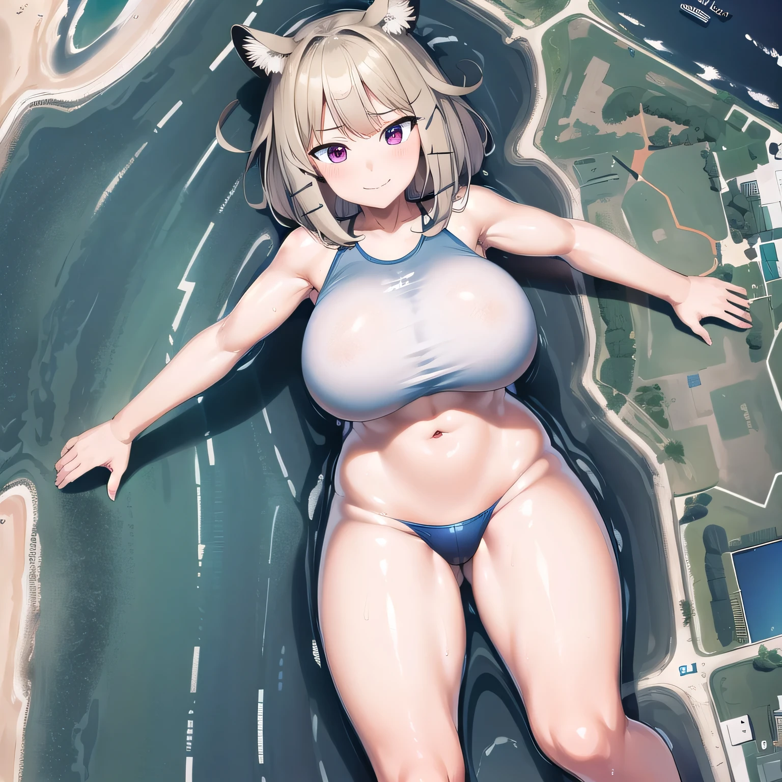 (giantess)), 1 rapariga, utage_arknights, Girl Swimming, (((Very big giantess swimming in the sea))), Ocean, Very small toy ship, ocean background, (((Super huge high school girl bigger than a ocean))), (Wicked Smile)), Pleasure, Long legs, Sweat, Falling sweat, giga giantess, blue sky, bikini, anime, from above, best quality, masterpiece, highres,hugebreast,