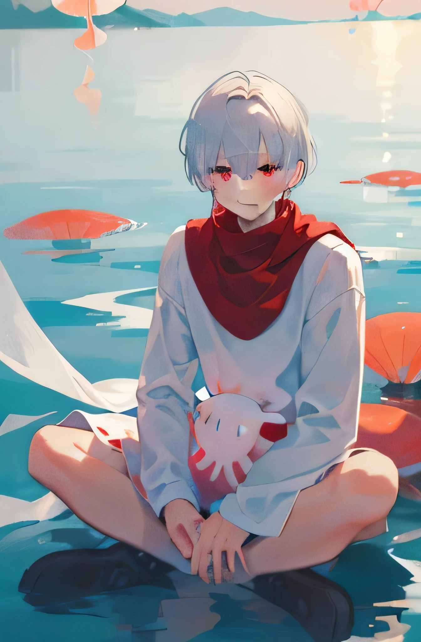 ((Best quality)), ((Masterpiece)), (Highest detail) 1 man, men's hairstyle, Curtain hairstyle, boy with short white hair mixed with a little red, red eyes, wearing a colored turtleneck. White, wearing a red shawl, white shorts, wearing white socks, sitting on a bed, hugging a jellyfish doll, the floor is a river, background under the ocean, jellyfish, smiling, man,