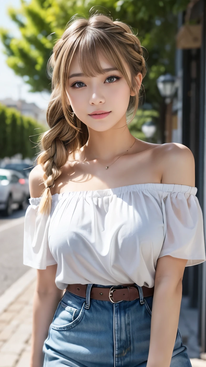 Sexy cute looks and cute 15 year old beautiful girl, Beautiful and sexy face、A strong wind blows my hair in front of my face、Blonde French braids with cute and sexy eyes hidden by long bangs、Off-the-shoulder T-shirt、Tulle miniskirt