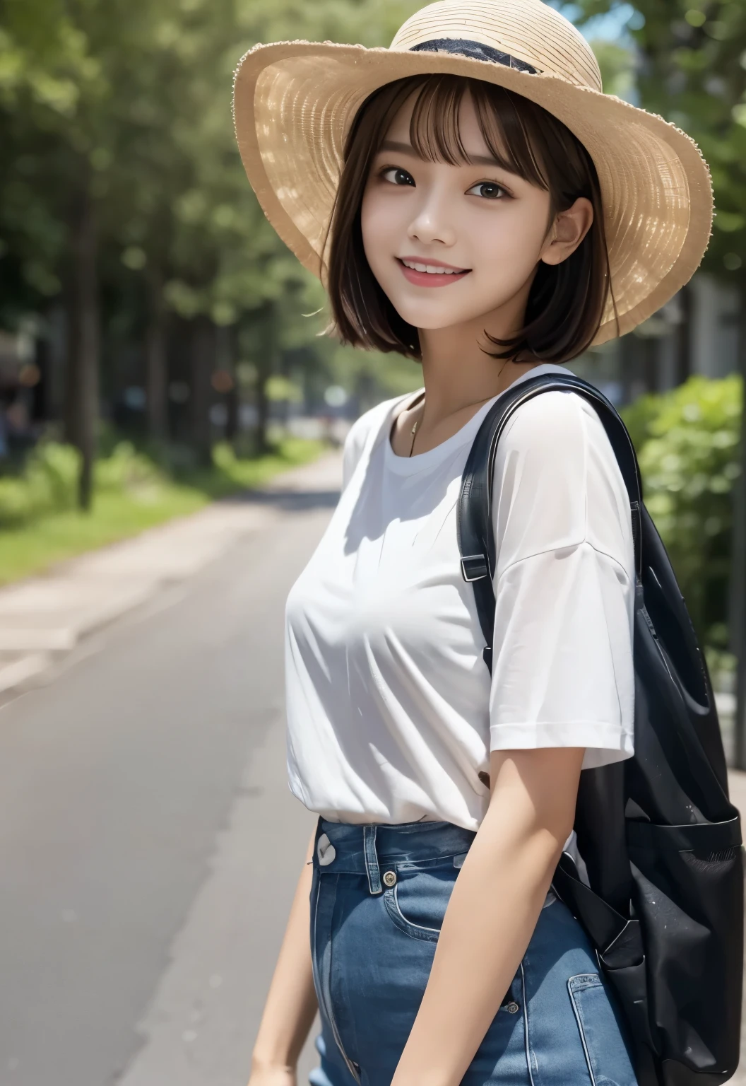 masterpiece, best quality:1.1), (8k, raw photo, photo realistic:1.2, f22), (shiny skin), detailed skin,Medium Bob,detailed face, detailed eyes,smile,BREAK, real world, intricate details, smil, BREAK, 1girl, full body,(hat,short sleeves,backpack,)BREAK, (Forest:1.4)