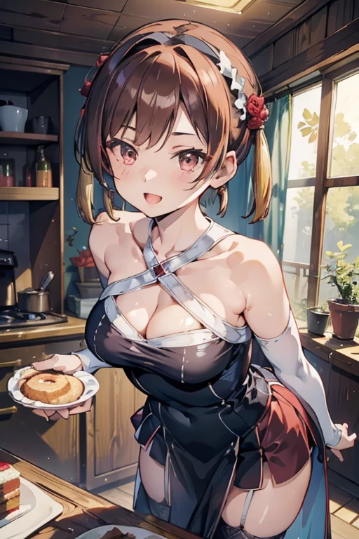Adult Woman, masterpiece, 1girl, Amazing Cleavage:1.3, thin waist, big ass, Raised sexy, medium breast:1.3,posed cleavage:1.2,solo, open mouth, have a cup of coffee,black hair, red eyes, dress, bare shoulders, jewelry, collarbone, sidelocks, hairband, earrings, indoors, off shoulder, arms behind back, plant, short hair with long locks, black hairband, sweater dress, off-shoulder sweater, red sweater, big side hair, very long side hair,is rendered in (masterpiece: 1.2, best quality), with (ultra high resolution) and an exquisite (depth of field). This masterpiece is not only visually stunning but also tells, make of cooking some cakes ,in the kitchen,Long dark blonde wavy hair、her thin pubic hair, Puffy nipple、(short flared skirt)、garter stocking、Earring、Medium milk, cute smile face、(Pose to lean forward and emphasize the chest)、sexy hips、high-heels、atlibrary、((Close your arms to your chest and look up)),(with sparkling eyes and a contagious smile), looking at viewer,