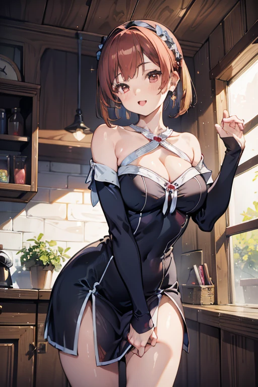 Adult Woman, masterpiece, 1girl, Amazing Cleavage:1.3, thin waist, big ass, Raised sexy, medium breast:1.3,posed cleavage:1.2,solo, open mouth, have a cup of coffee,black hair, red eyes, dress, bare shoulders, jewelry, collarbone, sidelocks, hairband, earrings, indoors, off shoulder, arms behind back, plant, short hair with long locks, black hairband, sweater dress, off-shoulder sweater, red sweater, big side hair, very long side hair,is rendered in (masterpiece: 1.2, best quality), with (ultra high resolution) and an exquisite (depth of field). This masterpiece is not only visually stunning but also tells, make of cooking some cakes ,in the kitchen,Long dark blonde wavy hair、her thin pubic hair, Puffy nipple、(short flared skirt)、garter stocking、Earring、Medium milk, cute smile face、(Pose to lean forward and emphasize the chest)、sexy hips、high-heels、atlibrary、((Close your arms to your chest and look up)),(with sparkling eyes and a contagious smile), looking at viewer,