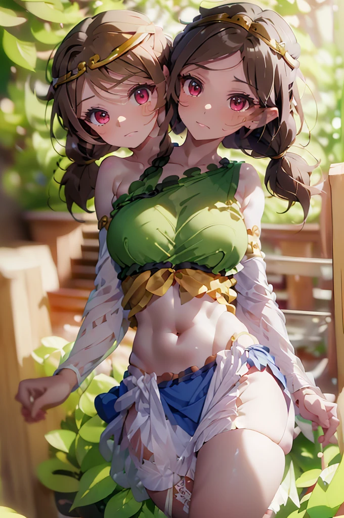 (masterpiece, best quality), best quality, (ultra-detailed), (3heads:1.5), 1girl, (son biten:1.3), masterpiece, best quality, ultra quality, ultra resolution, lime, orange, and blue top, crop top, ((stomach)), midriff, ((groin)), lime, orange, and blue skirt, normal ears, shackles, short brown hair, very long hair, wavy hair, sidelocks, crimson eyes, detailed eyes, parted lips, headband, sweat, cute, toned belly, hand on own chest, eyelashes, (25 year old woman:1.3), (masterpiece:1.5), (best quality:1.5), (beautiful detailed extremely detailed CG, extremely delicate and beautiful, depth of field, (finely detailed face), (perfect details:1.2), (mature female:1.3), wide pelvis, slender, large veiny breast, 16k resolution, highres, high quality, high definition, extremely detailed, masterpiece, short brown hair, long hair, alluring presence, braid, short skirt, close up, big tits, young, bob cut, pigtails, monkey tail,