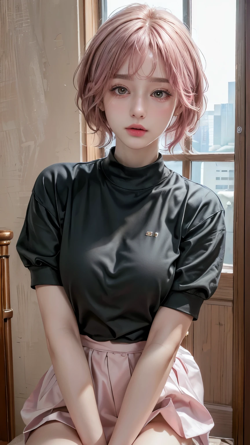 (8k, highest quality, masterpiece: 1.4), Very detailed, highest quality, Ultra-high resolution, Written boundary depth,(Realistic:1.4,RAW shooting,)Ultra-Realistic Capture,(Very detailed,High definition 16K), cute, girl, short hair, Pink Hair, camera