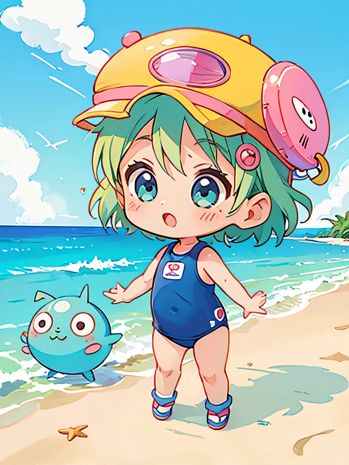 Akira Toriyama style, Kawaii Design, The most beautiful girl of all time、Chibi, play together、Cute Aliens, beach, summer, Swimwear