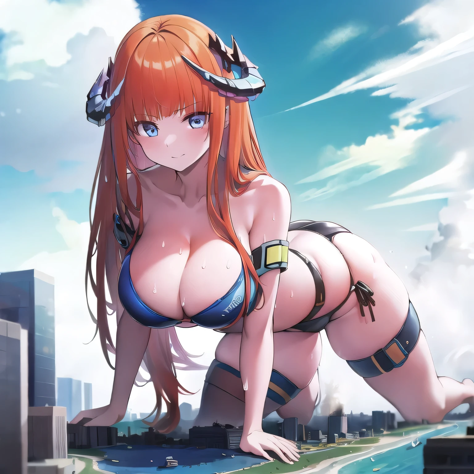 ((giantess)), 1 rapariga, bikini, Coastal city, Woman destroying a city, Big cities, Glass building, Pleasure, Long legs, Sweat, Falling sweat, giga giantess, blue sky, bikini, hugebreast, Curvaceous, Bikini showing off cleavage, Background of the metropolis, fullbody, Destroyed City, Dust, anime, best quality, masterpiece, highres