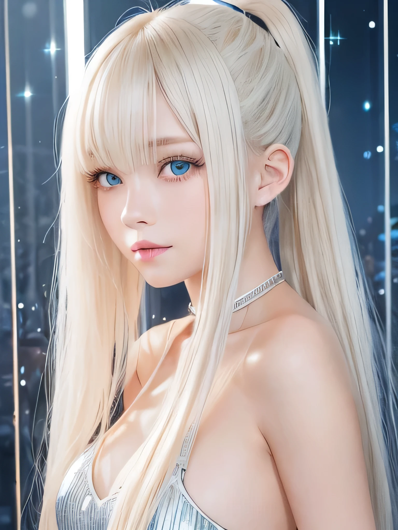 Portrait、、Bright expression、ponytail、Younger, brighter, whiter skin、Best Looks、Blonde reflection、Platinum blonde hair with dazzling highlights、Shiny bright hair,、Super long, silky straight hair、Shiny beautiful bangs、Sparkling, clear, attractive big blue eyes、A very beautiful, lovely and cute 16 year old girl、Ample breasts