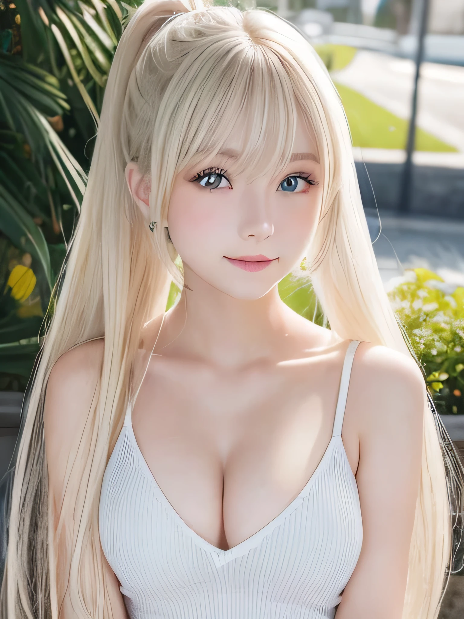 Portrait、、Bright expression、ponytail、Younger, brighter, whiter skin、Best Looks、Blonde reflection、Platinum blonde hair with dazzling highlights、Shiny bright hair,、Super long, silky straight hair、Shiny beautiful bangs、Sparkling, clear, attractive big blue eyes、A very beautiful, lovely and cute  girl、Ample breasts