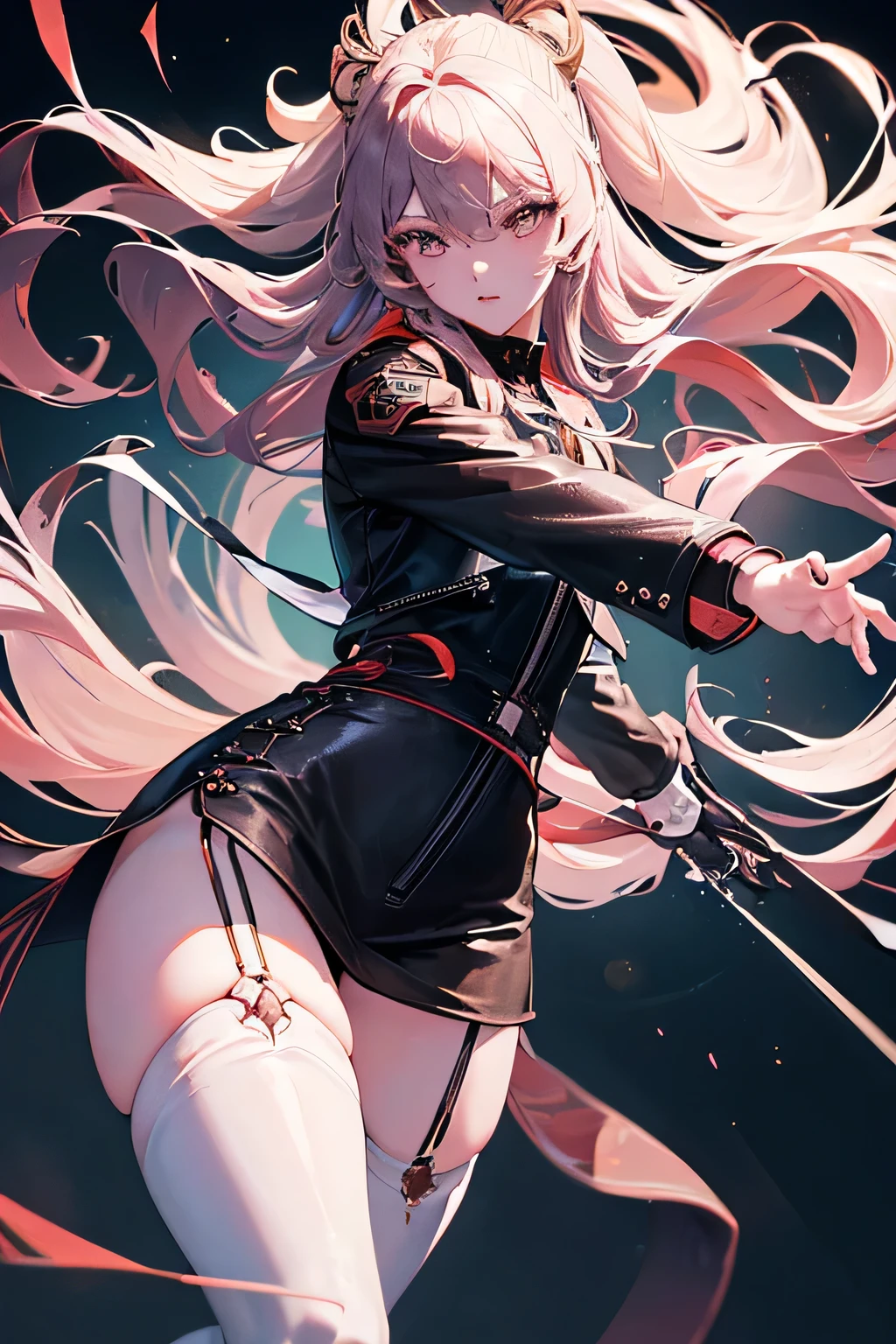 (Illustrations of detailed,Very detailed and meticulous drawing,Delicate lines，Slow and fast,Realistic texture expression),[Colored braid main line],[Briefing Room Background],([Endless] Japanese cartoons (Japanese girl )muscular [[karate]],(black leather jacket) ([A tiger] Translucent rubber lining) [Tiger Stripes],[],,(Exquisite and beautiful decoration [Dense details]),(Delicate and beautiful skin expression [transparency]),[Perfect eye details (Every detail of the iris is beautifully painted)[Gemstone eyes]],[Long and beautiful eyelashes],[Carefully drawn hair [Learn more about beautiful, shiny hair]],(Perfect hand details [Beautiful fingers without flaws [Beautiful nails]]),(Perfect anatomical structure (Perfect proportion)) [[Full body portrait]],[Ideal color coordination(Accurately simulate the interaction of light and matter)],(high quality,[Precision details] high resolution,(detailed,high detail)),.Suspender stockings,Very sexy, Upskirt, Random lower back angle，Wearing black high-waisted pants and tights with delicate embroidery，Wearing white ruffled bow gloves), Show off your slender figure and beautiful curves, Correctly positioned limbs!