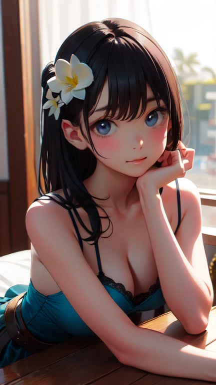 masterpiece, highest quality, One Girl, Thighs, beautiful girl, Flowers, たくさんの小さなflowerびら, flower、Small waist, RAWphotograph,Bright lighting、Face Light, Ultra-realistic, High resolution, photograph, Sharp focus, Highly detailed eyes and face,Accurate hands、Symmetrical face, whole body、Large Breasts、Long Hair、チラリと見えるThighs、Cleavage、White Sandals、Sandy beach at night、Character portrait、set up