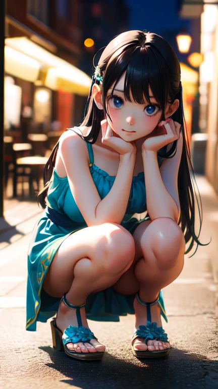 masterpiece, highest quality, One Girl, Thighs, beautiful girl, Flowers, たくさんの小さなflowerびら, flower、Small waist, RAWphotograph,Bright lighting、Face Light, Ultra-realistic, High resolution, photograph, Sharp focus, Highly detailed eyes and face,Accurate hands、Symmetrical face, whole body、Large Breasts、Long Hair、チラリと見えるThighs、Cleavage、White Sandals、Sandy beach at night、Character portrait、set up