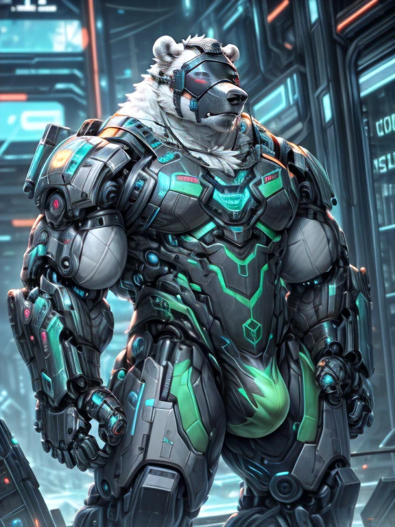 Polar Bear，uncle，strong，Cyberpunk，Mechanical Armor（green），Flesh and machinery connected，Prominent male bulge（Covered by a piece of iron），Biomechanical Arm，Eye mask（Black LCD screen），Cyber City（Detailed background:1.2),High Detail。