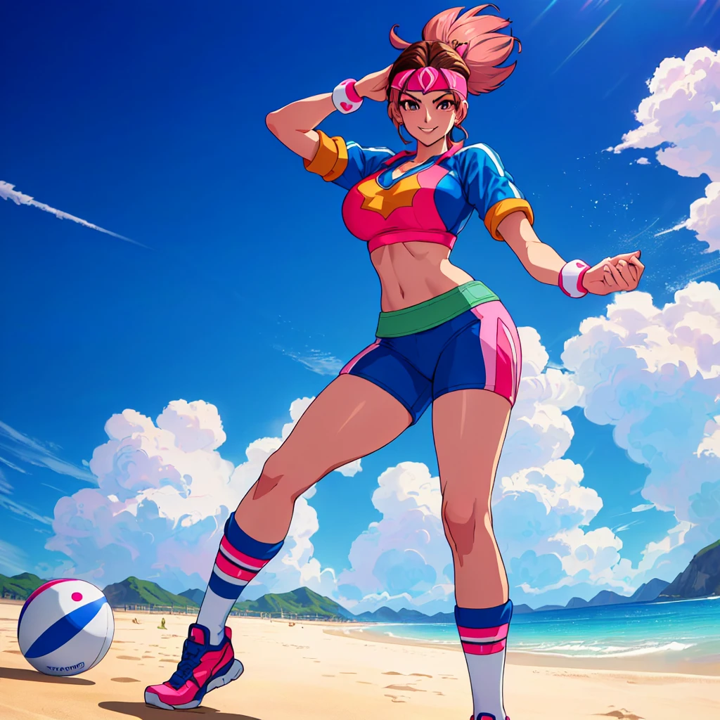imagined a girl in extreme sport outfit playing to a flying disc game in a beach arena game sport, masterpiece, ultra-detailed, 80's anime (style), 2D, megapixel, perfectionism, full HD , 4K, (windjammers), windjammers sport game, windjammers 2 (((((solo mature anime woman,)))))++++++++++++++++++, looking at viewer, full body, brown hair and pink hair, short hair, weird hair, smile, lips, eyelashes, medium breasts, gym uniform, uniform, gym shorts, headband, sports bra, elbow pad, knee pad, extreme sports outfit 80's theme, beach background, playing flying disc game on a beach court game, sea, sun in the sky, sports wear
