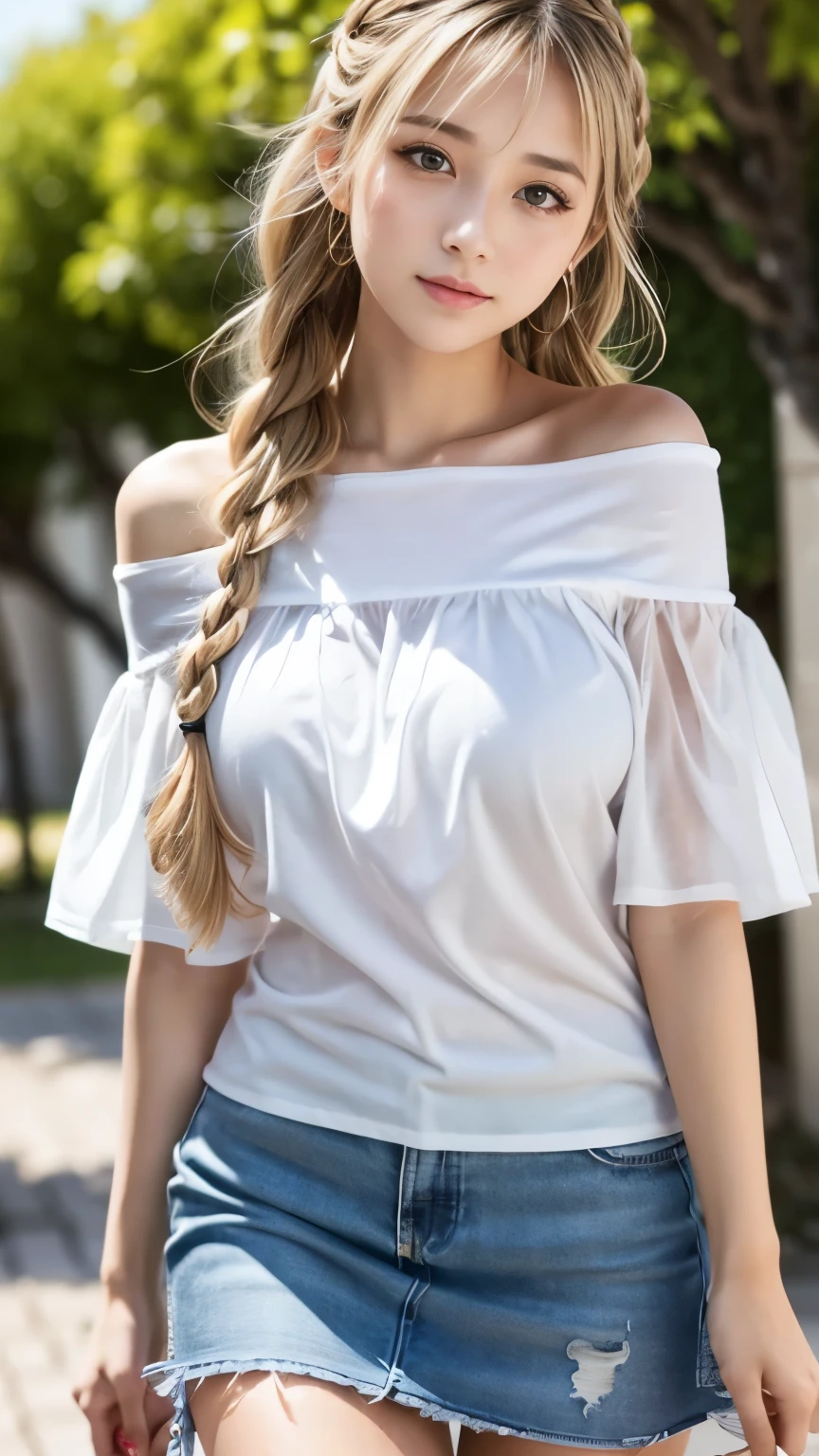 sexy big breasts、Sexy cute looks and cute 15 year old beautiful girl, Beautiful and sexy face、The strong wind blows the hair in front of my face、Blonde French braids with cute and sexy eyes hidden by long bangs、Off-the-shoulder t-shirt、Tulle miniskirt