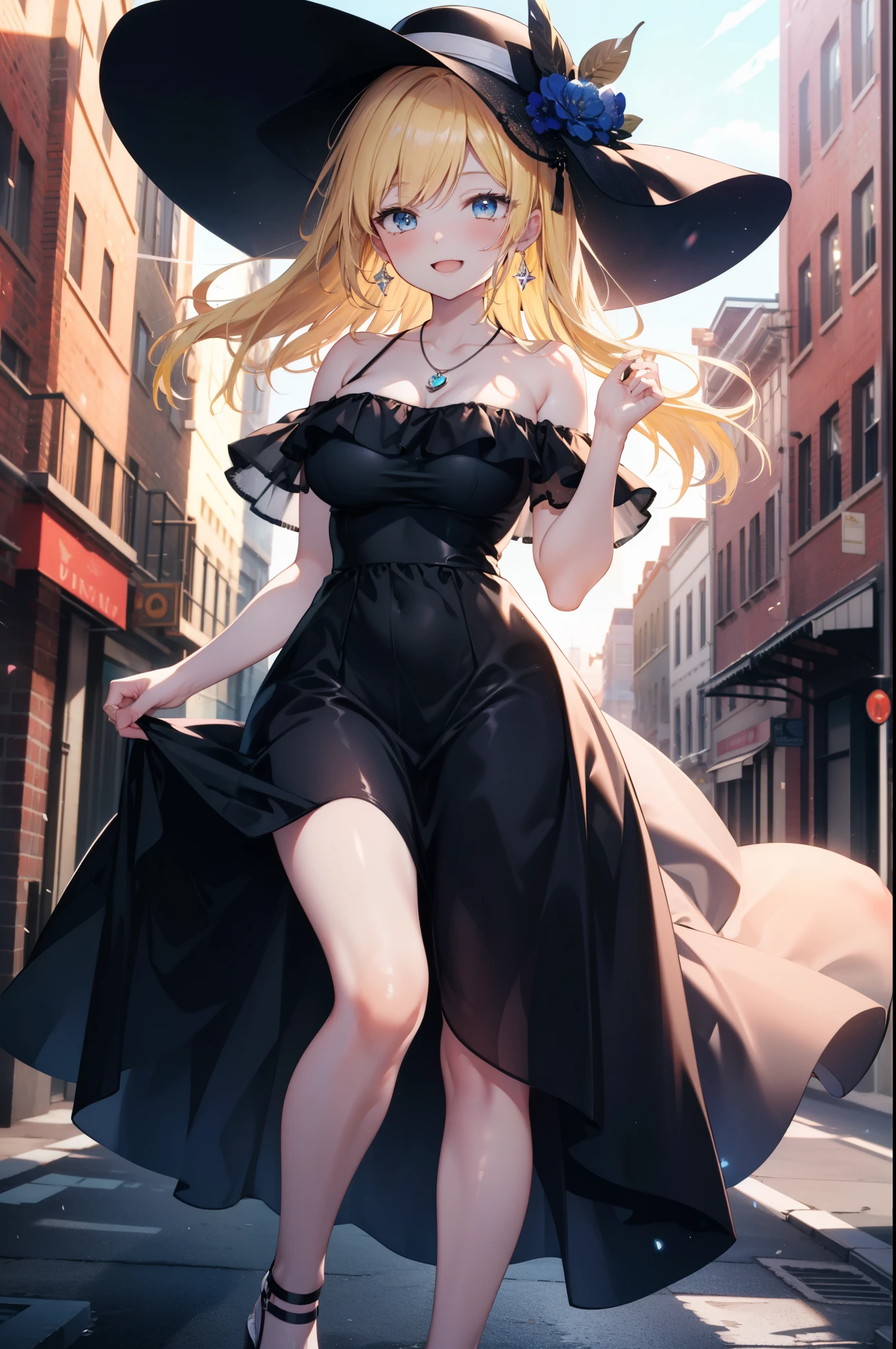 Eliase, catalyst, Yellow Hair, blue eyes,Long Hair,White hat,, Big Breasts,Bare shoulders,Bare arms,bare clavicle,Bare neck,Locket Necklace,happy smile, smile, Open your mouth,Off-the-shoulder sleeveless dress,Long skirt,Heeled Sandals,True Summer,Daytime,Clear skies,
break looking at viewer,
break outdoors, In town,Building district,
break (masterpiece:1.2), highest quality, High resolution, unity 8k wallpaper, (figure:0.8), (Beautiful fine details:1.6), Highly detailed face, Perfect lighting, Highly detailed CG, (Perfect hands, Perfect Anatomy),